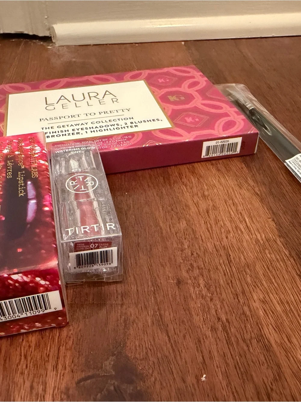 Laura Geller Palette, Pat McGrath lipstick, tir tir lip, eye brush